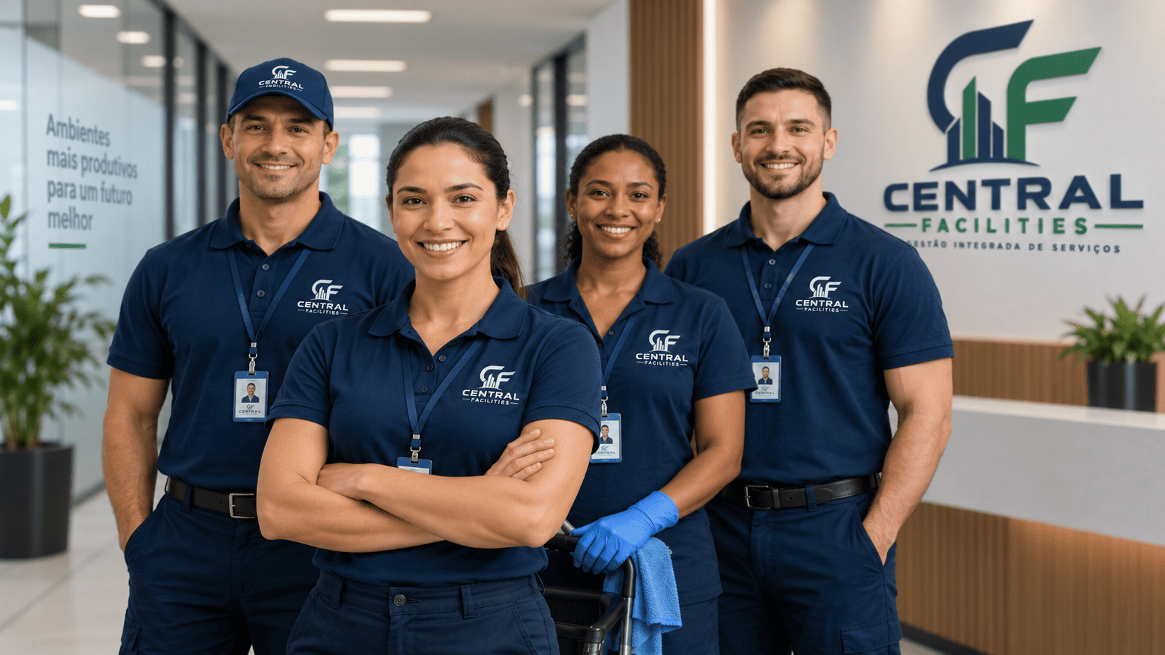 Equipe uniformizada da Central Facilities em ambiente corporativo